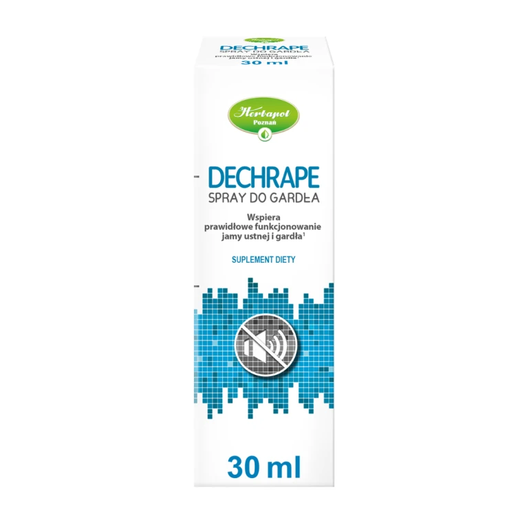 DECHRAPE spray do gardła 30 ml – suplement diety Herbapol Poznań, kompozycja roślinnych olejków eterycznych (mięta, eukaliptus, lawenda, szałwia) i witamina A; opakowanie